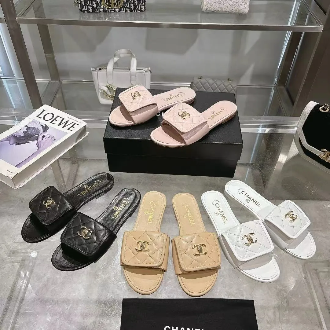👟👟Ex-factory price 360👟👟 Genuine leather sole +40 Chanel Chanel 25C new women's double C schoolbag buckle flat sandals, fabric sheepskin, color: black: white: pink: apricot, code number: 5-40 (customized 41 42 43 customized non-returnable): rubber sole leather sole +40